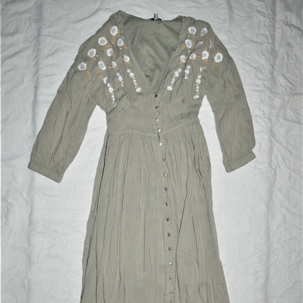 BRAND NEW. NEVER WORN olive dress. Long sleeve. Embroidered DRESS.